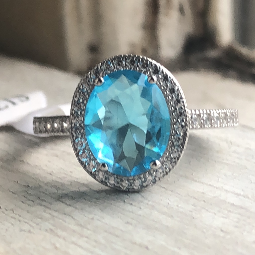 Blue Topaz 3.6 Carat Diamond Pave Sterling Silver Oval Cut Size 8 - Gorgeous